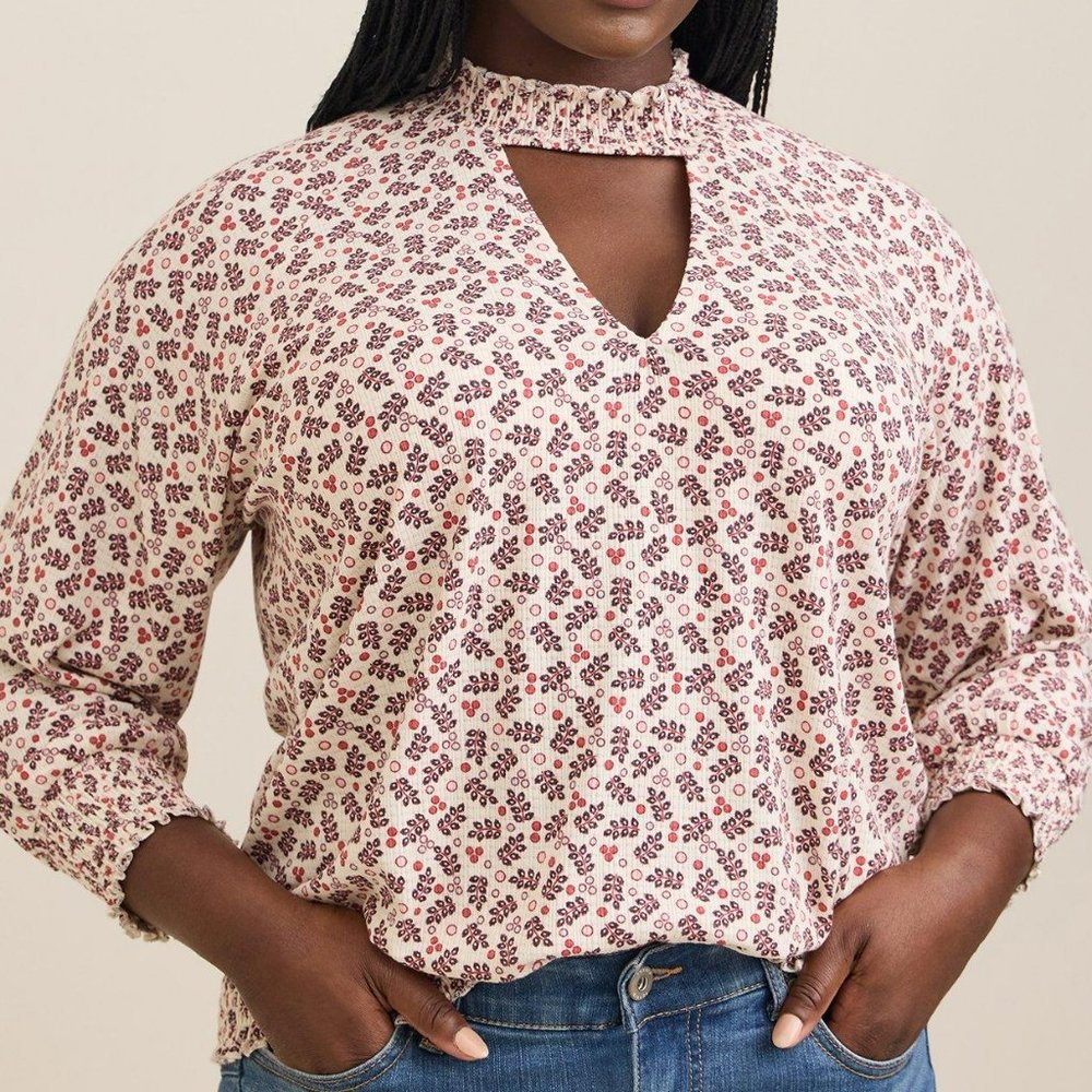 Textured Jersey Choker Neck Smocked Bottom Top 2X